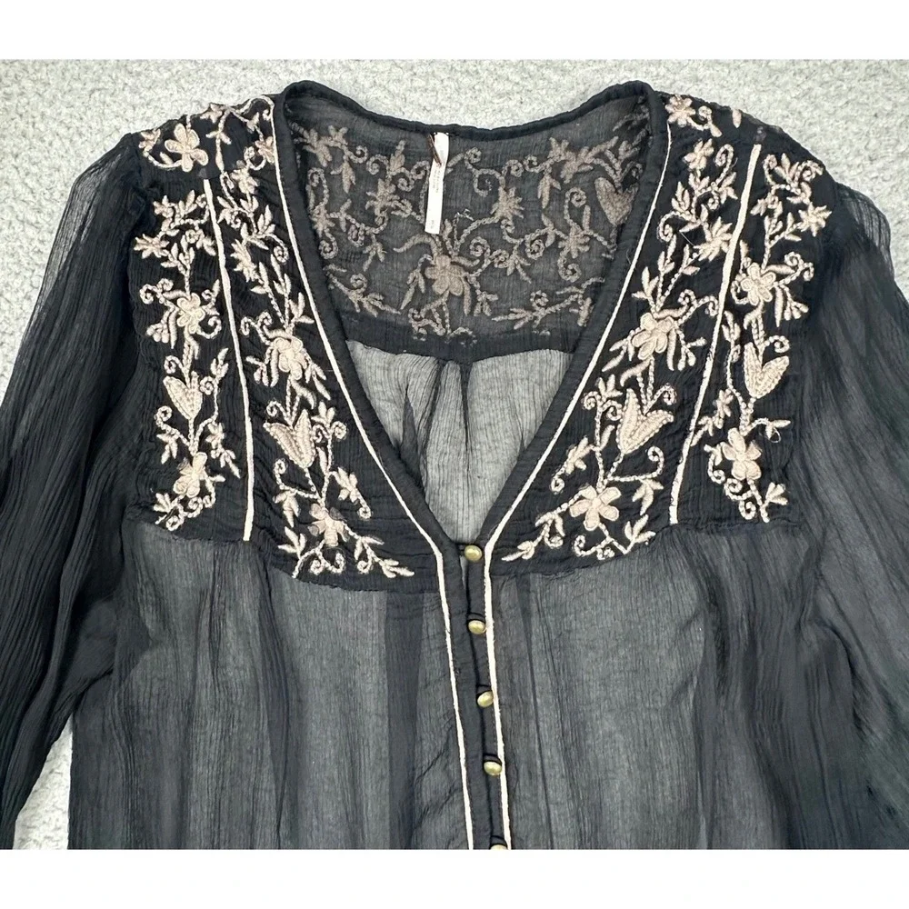 Free People Piped Dreams Blouse Women's S Black Sheer Embroidered Boho Gothic